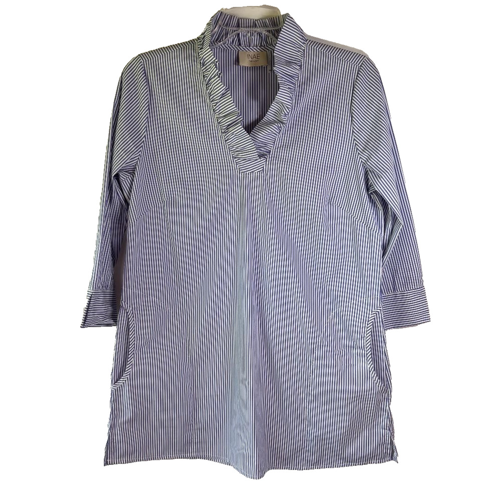 Inae Collection Tunic Top 3/4 Sleeve Blue & White Pin Stripe Ruffle Neck Size XS